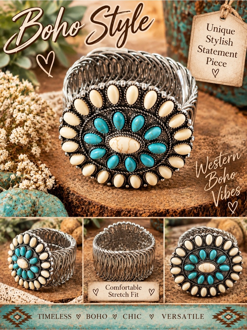 Boho Turquoise & Cream Stretch Statement Bracelet